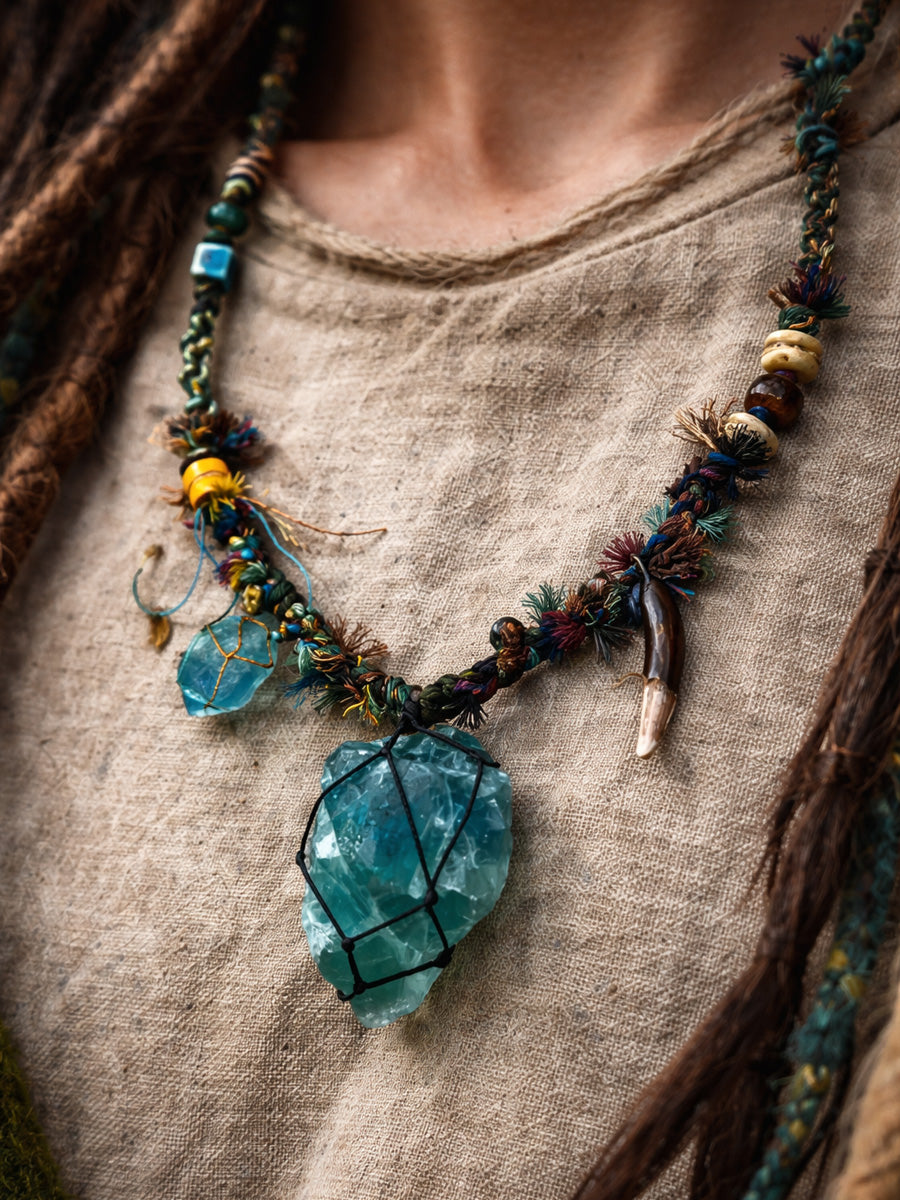 Green Fluorite Raw Stone Tibetan Necklace – Clarity, Growth and Wild Spirit