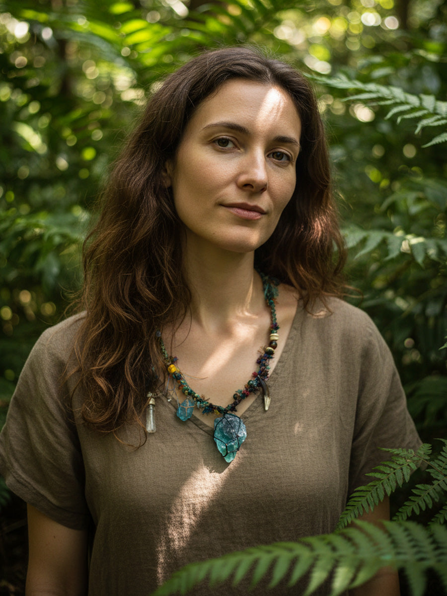 Green Fluorite Raw Stone Tibetan Necklace – Clarity, Growth and Wild Spirit