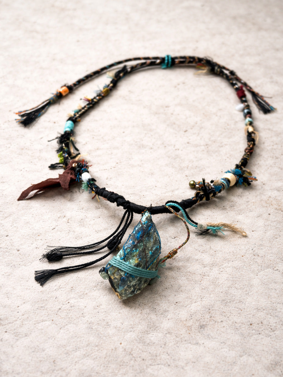 Labradorite Raw Stone Tibetan Necklace – Mystic Light and Spiritual Awakening
