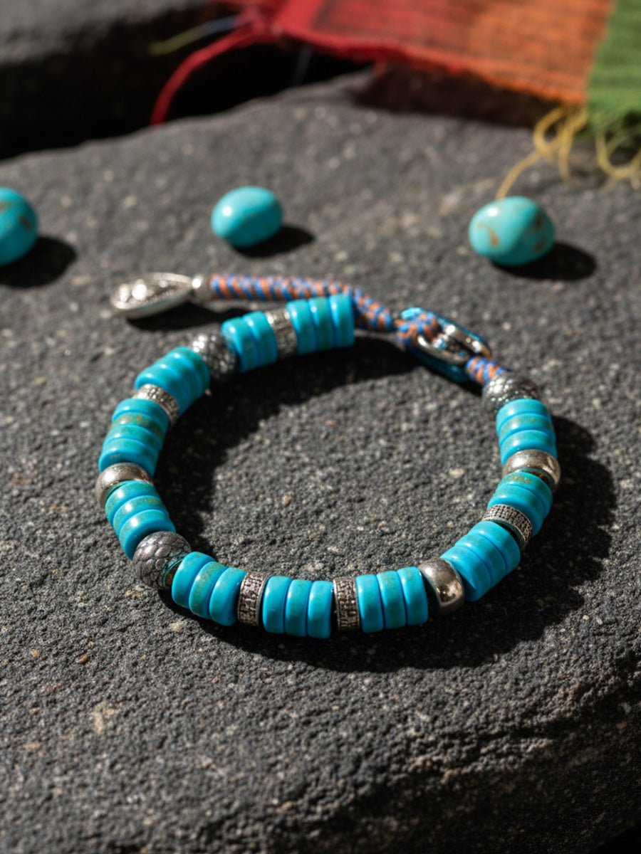 Disc Stack Turquoise Sterling Silver Braided Bracelet