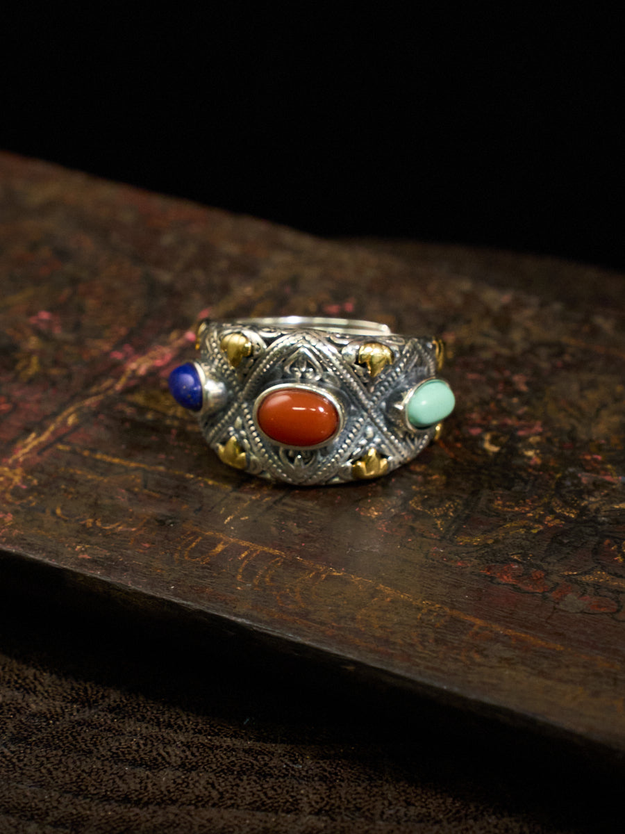 Prosperity Gemstone Guardian Ring – Carnelian, Turquoise, Lapis in Silver