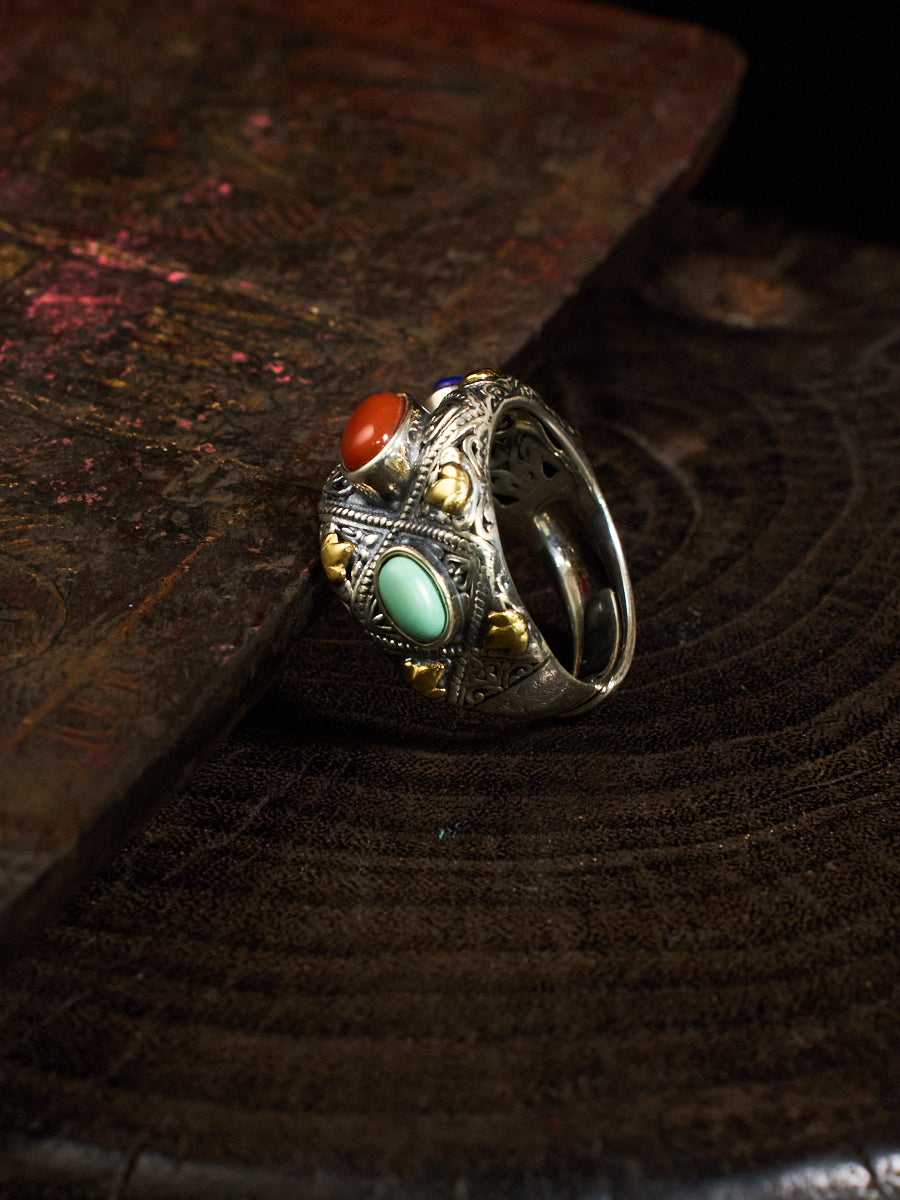 Prosperity Gemstone Guardian Ring – Carnelian, Turquoise, Lapis in Silver