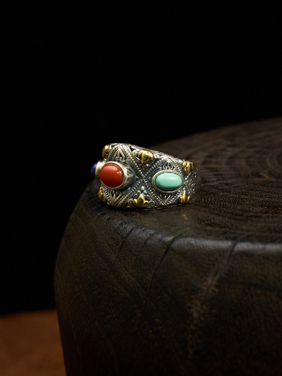 Prosperity Gemstone Guardian Ring – Carnelian, Turquoise, Lapis in Silver