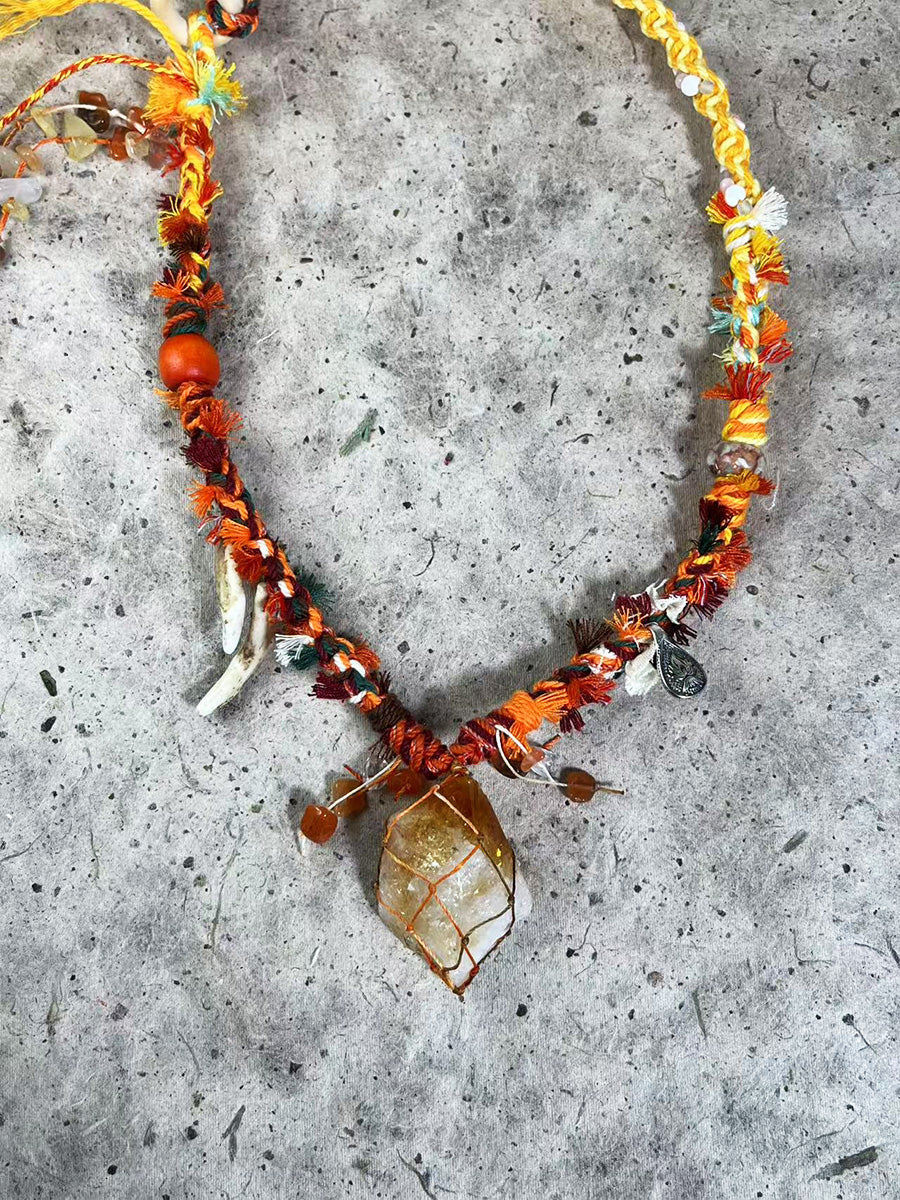 Tibetan Braided Citrine Bone Tassel Necklace