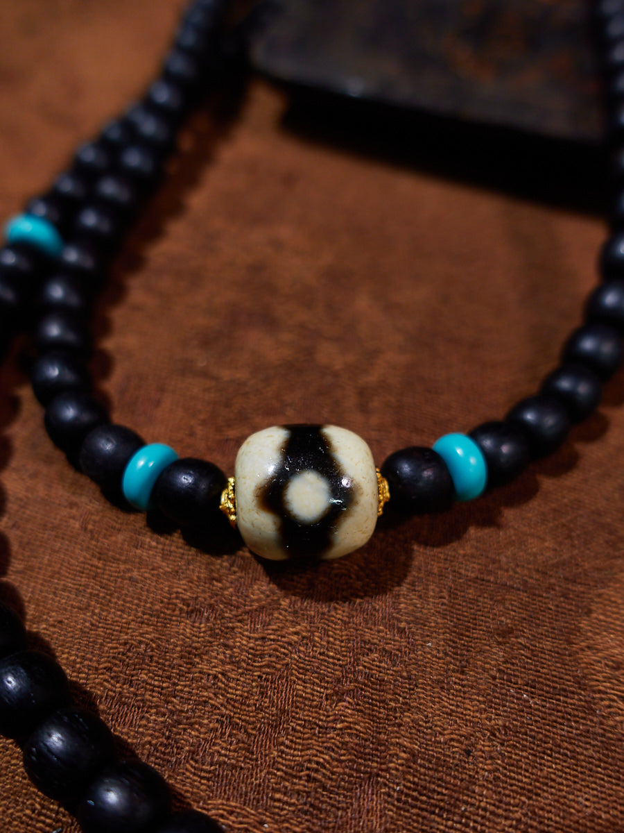 Celestial Tranquility Tibetan Dzi & Agarwood 18K Gold Necklace