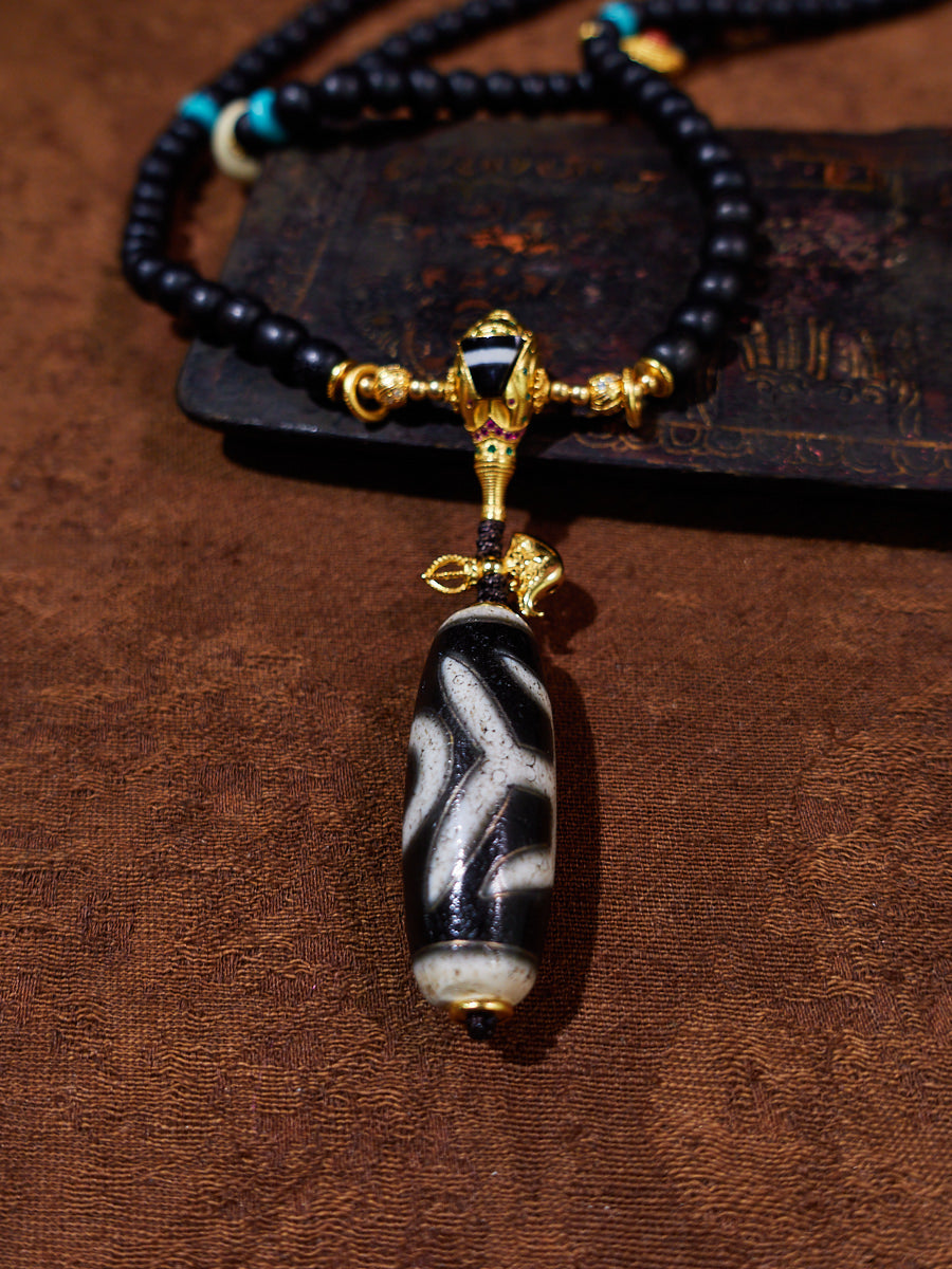 Celestial Tranquility Tibetan Dzi & Agarwood 18K Gold Necklace
