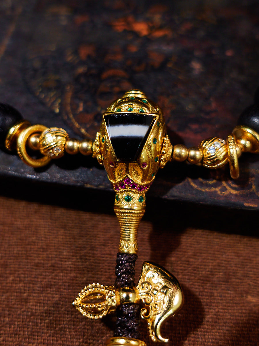 Celestial Tranquility Tibetan Dzi & Agarwood 18K Gold Necklace