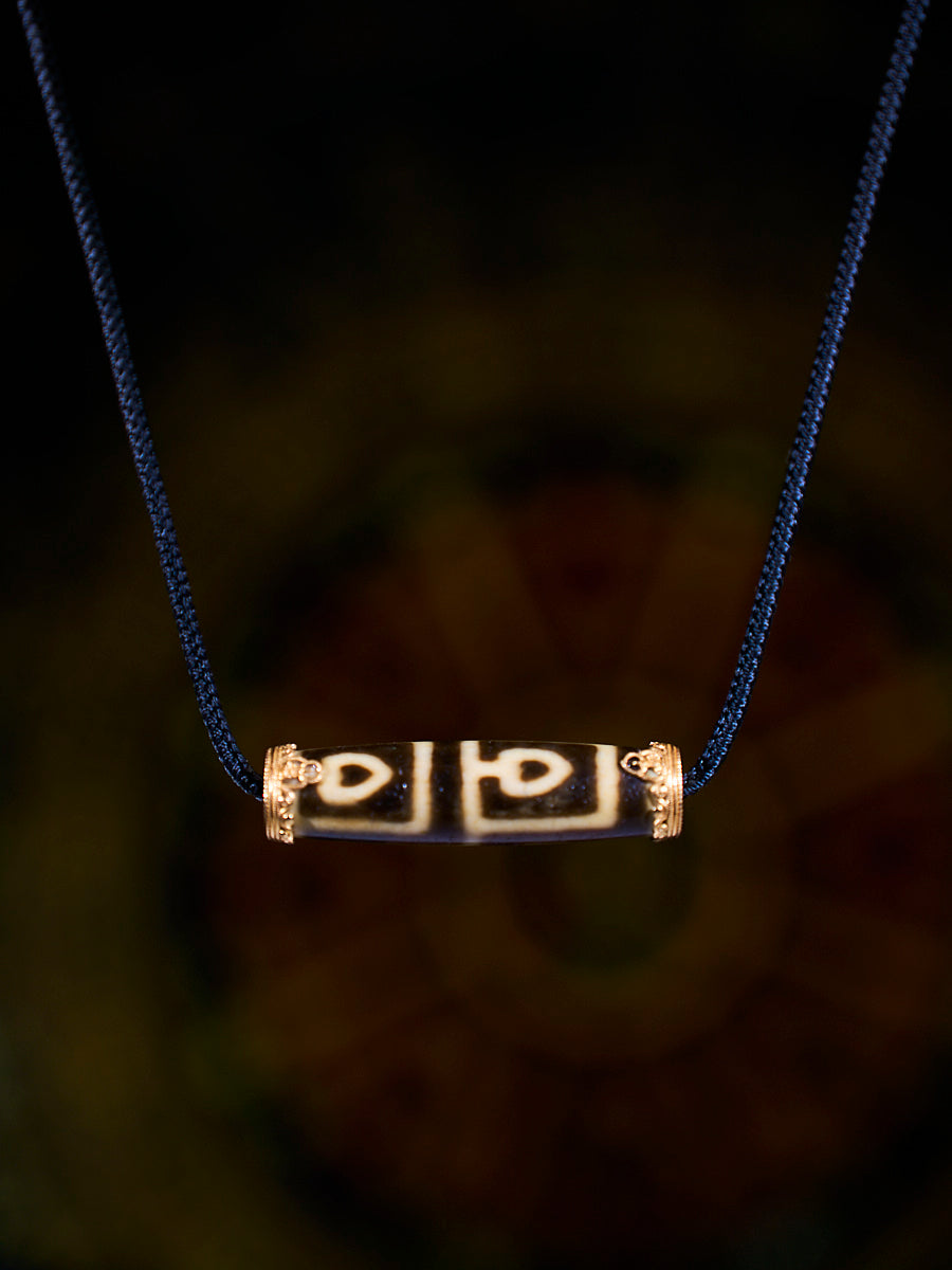 Enlightened Wisdom Bodhi Four-Eyed Agate 18K Gold Dzi Necklace