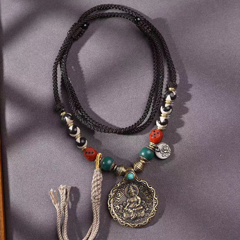 Divine Bodhisattva Thokcha Silver Lotus Tibetan Cotton Necklace
