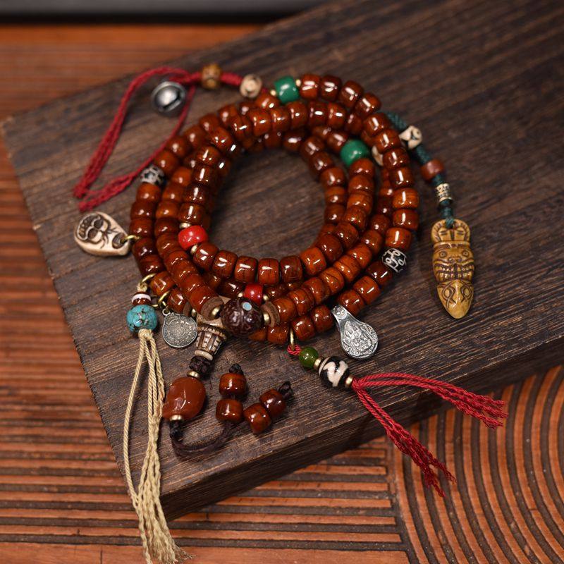 Guardian Spirit 108 Yak Bone Dzi Turquoise Tibetan Mala Necklace