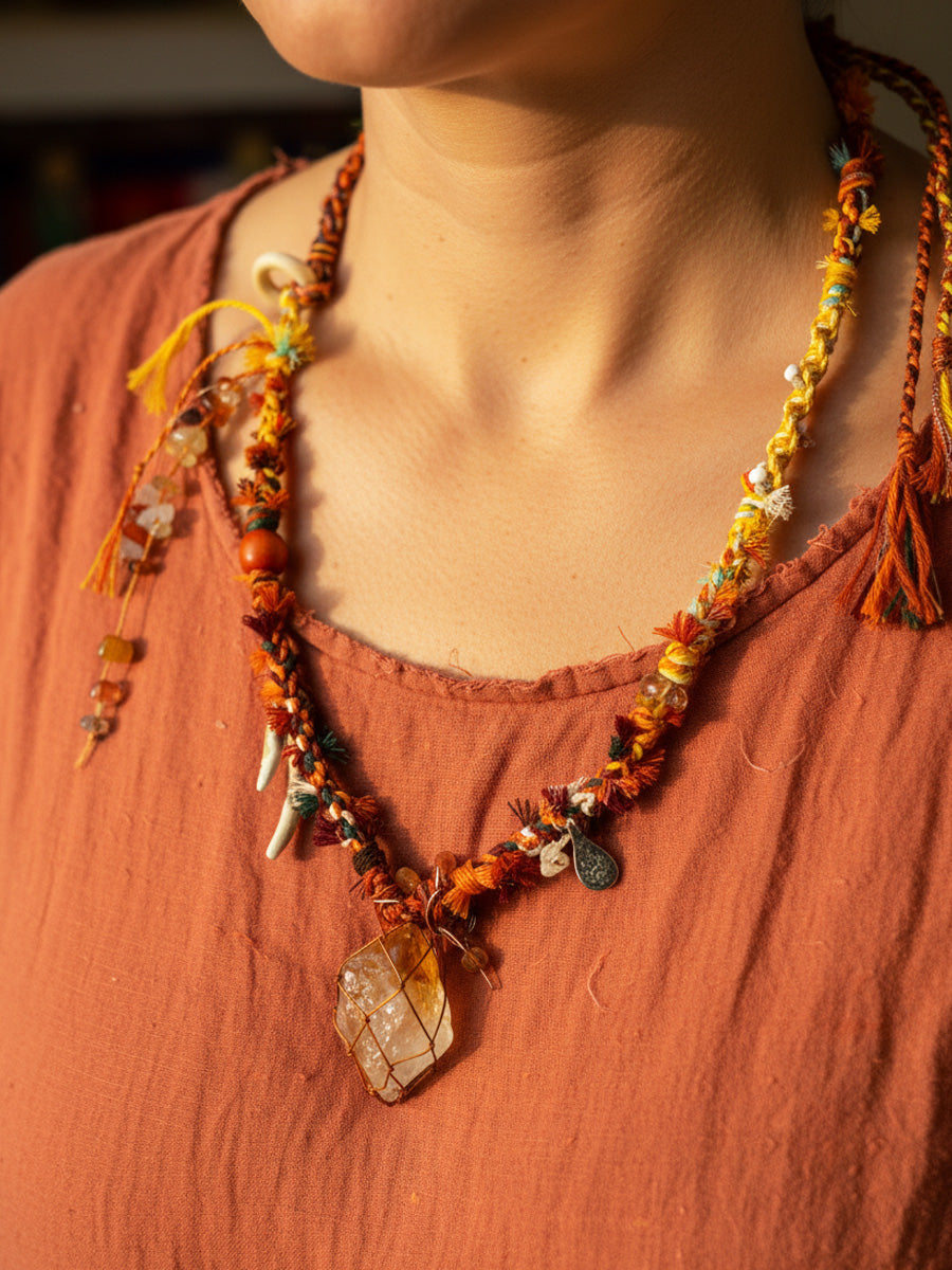 Tibetan Braided Citrine Bone Tassel Necklace