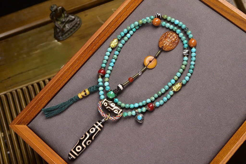 Nine-Eye Dzi Turquoise Guardian Tibetan Long Necklace