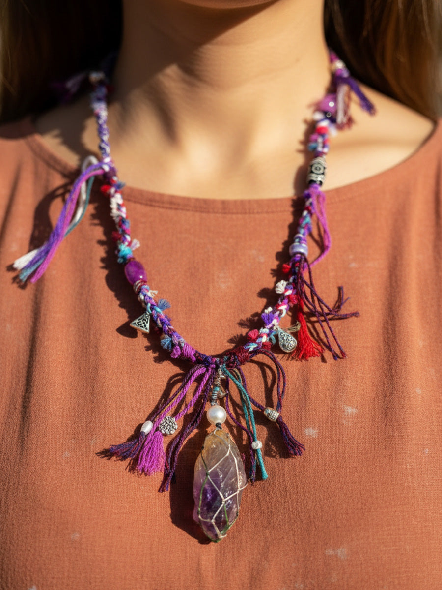 Braided Violet Amethyst Raw Crystal Pendant Necklace