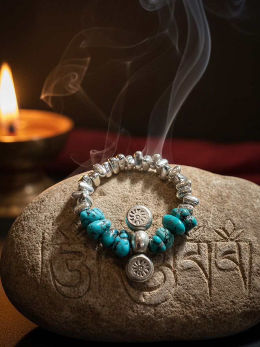 Sacred Symbols Turquoise &  Silver Charm Bracelet Raw Stone