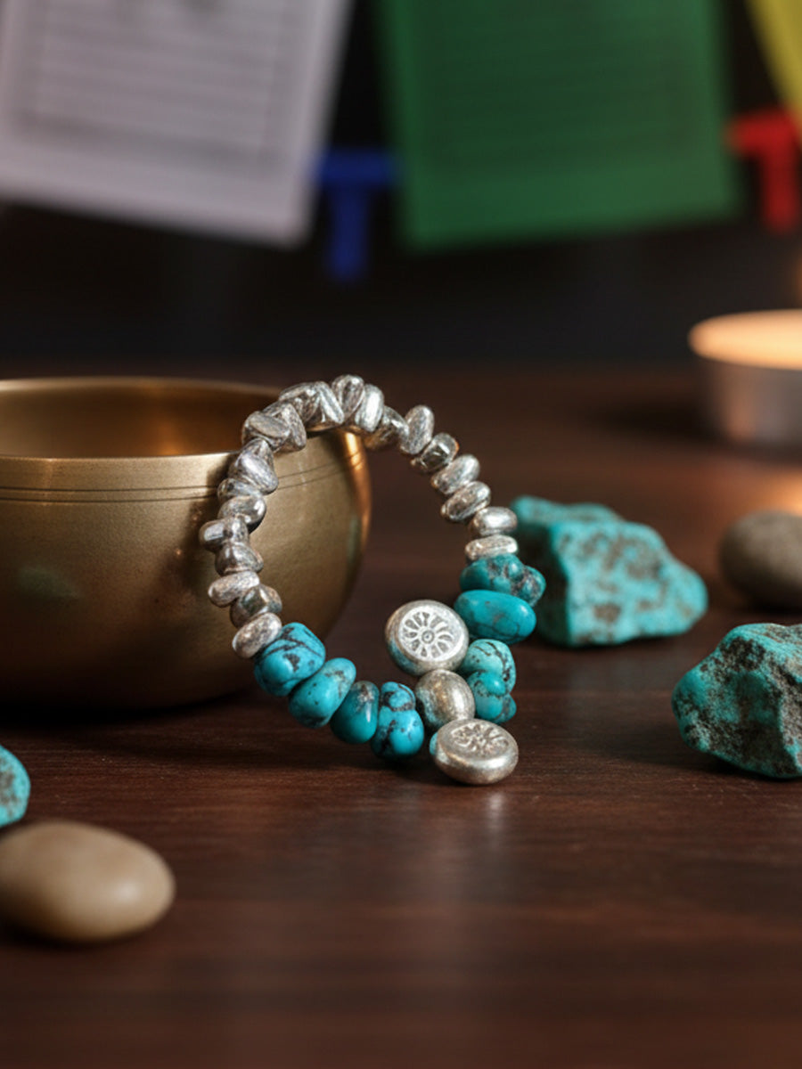 Sacred Symbols Turquoise &  Silver Charm Bracelet Raw Stone
