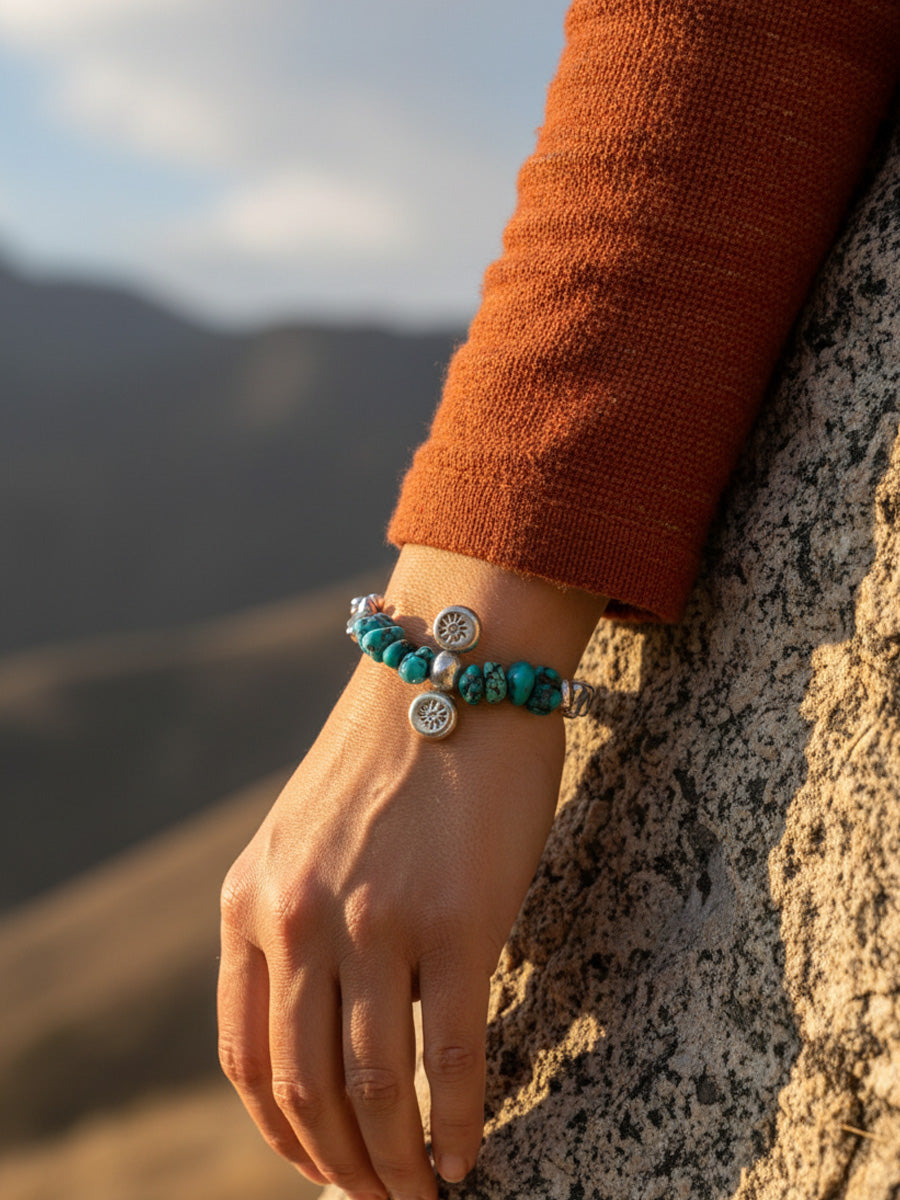Sacred Symbols Turquoise &  Silver Charm Bracelet Raw Stone