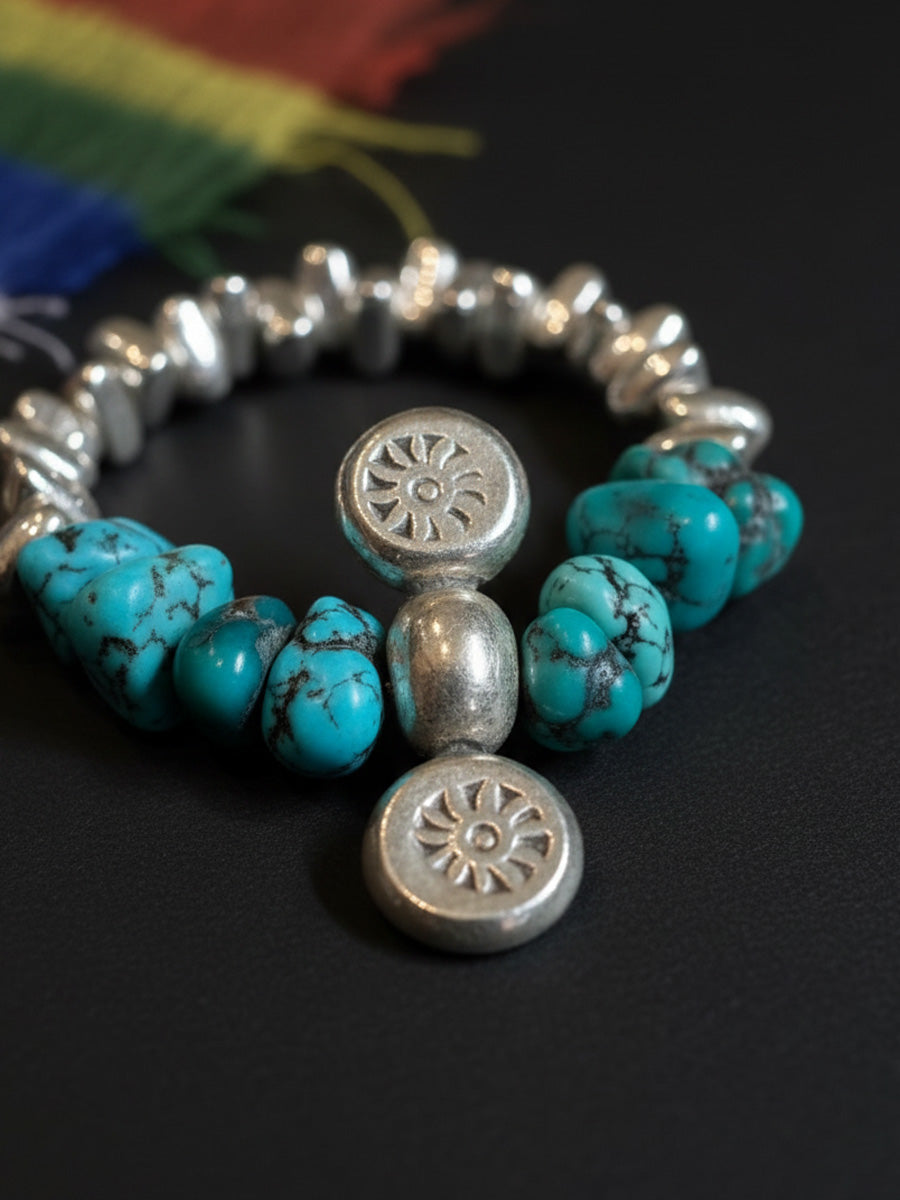 Sacred Symbols Turquoise &  Silver Charm Bracelet Raw Stone