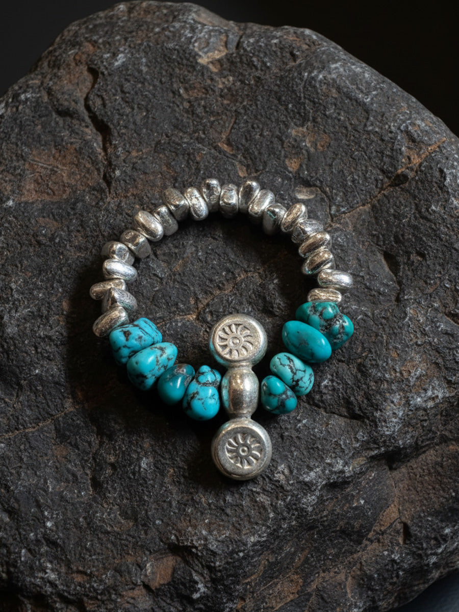 Sacred Symbols Turquoise &  Silver Charm Bracelet Raw Stone