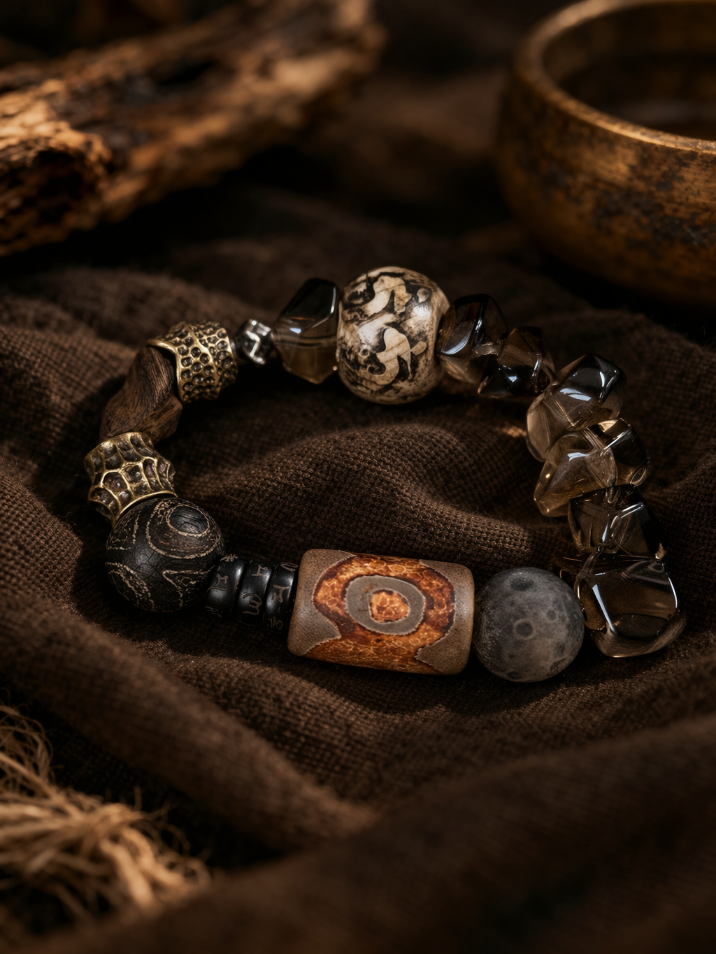 Celestial Guardian Smoky Quartz Three-Eye Dzi Obsidian Bracelet