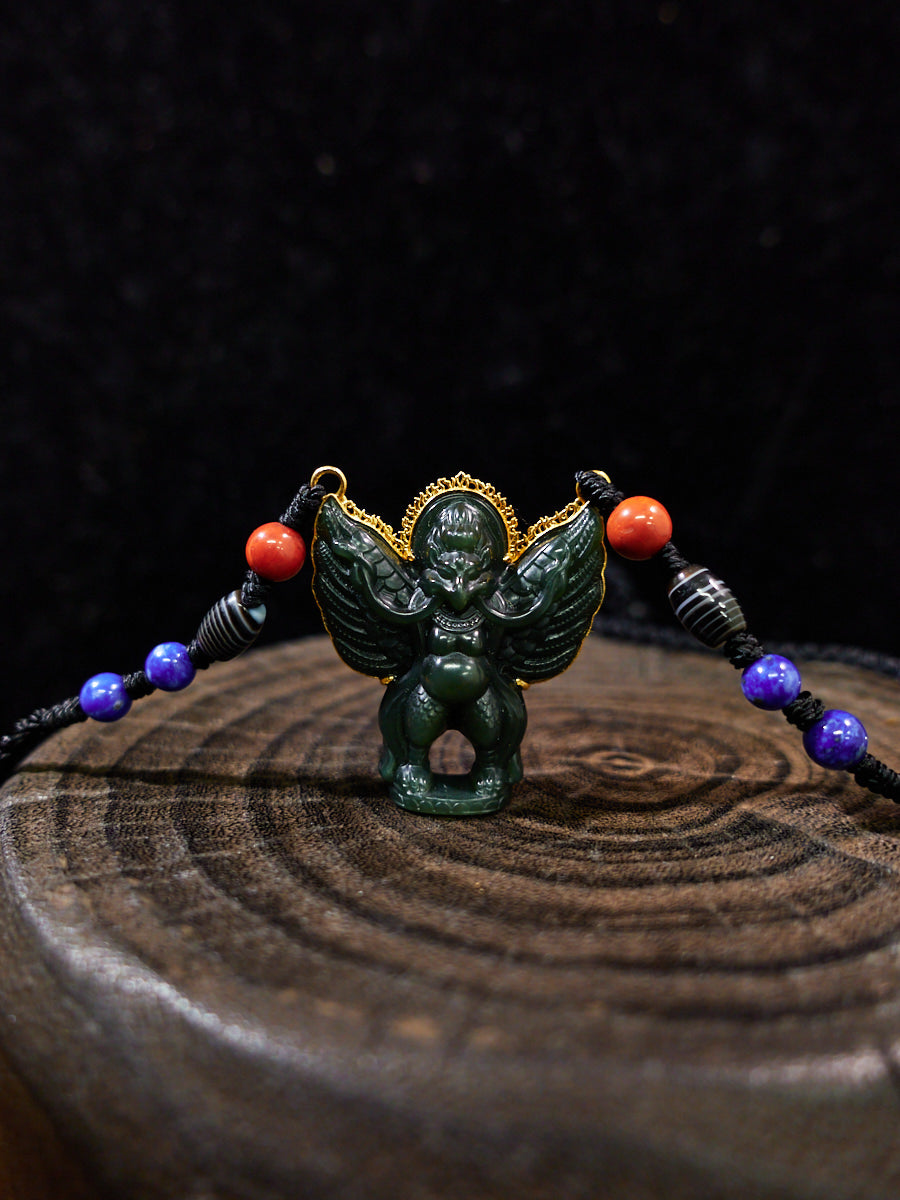 Soaring Garuda Hetian Green Jade 18K Gold Necklace