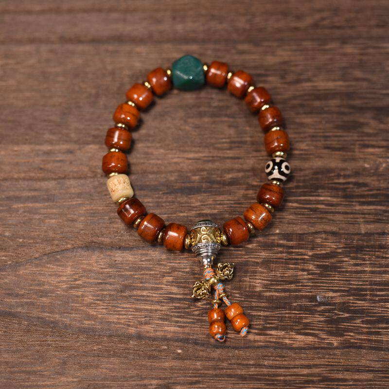 Prayer Wheel Yak Bone Three-Eye Dzi Turquoise Tibetan Bracelet