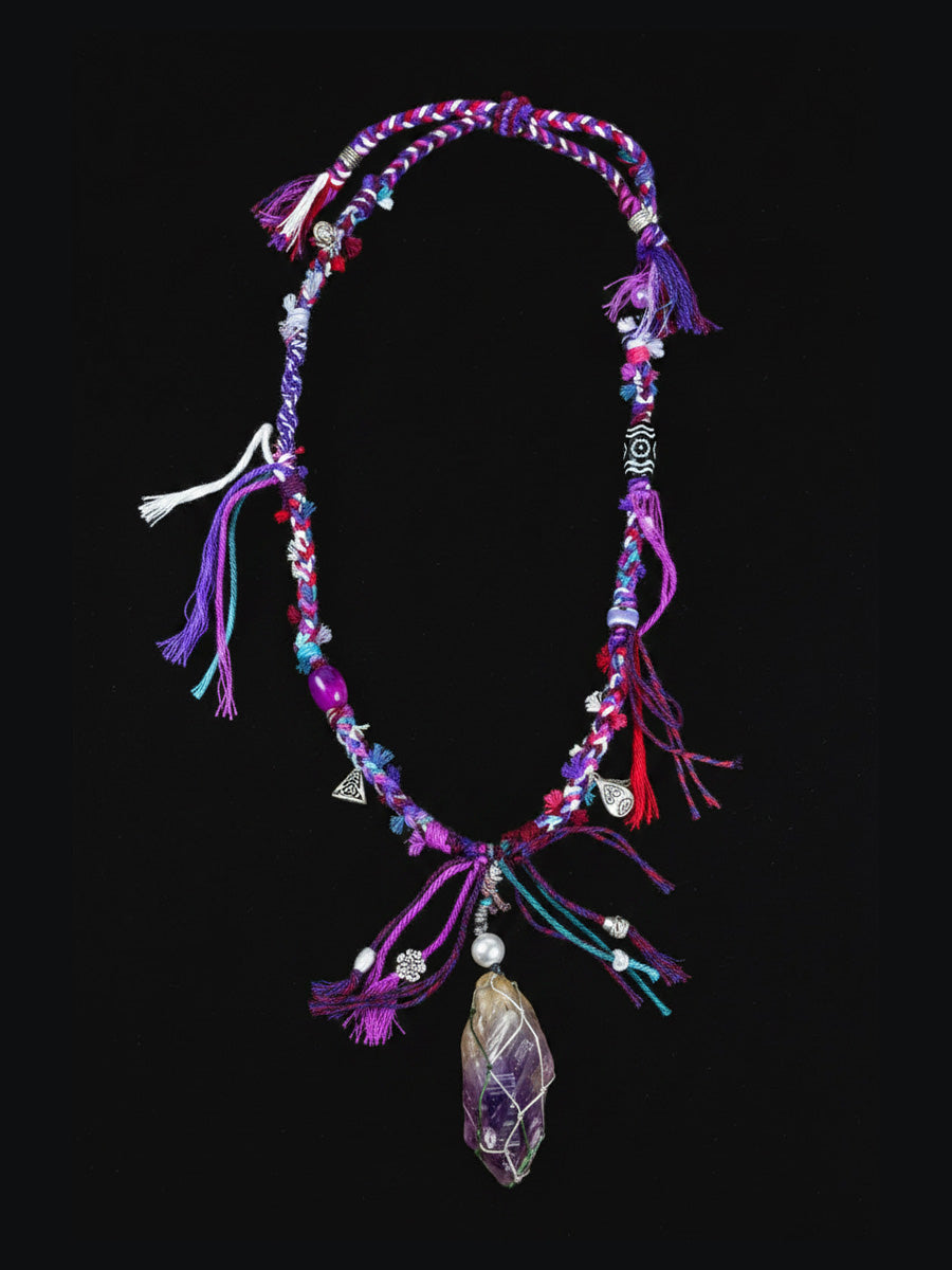 Braided Violet Amethyst Raw Crystal Pendant Necklace
