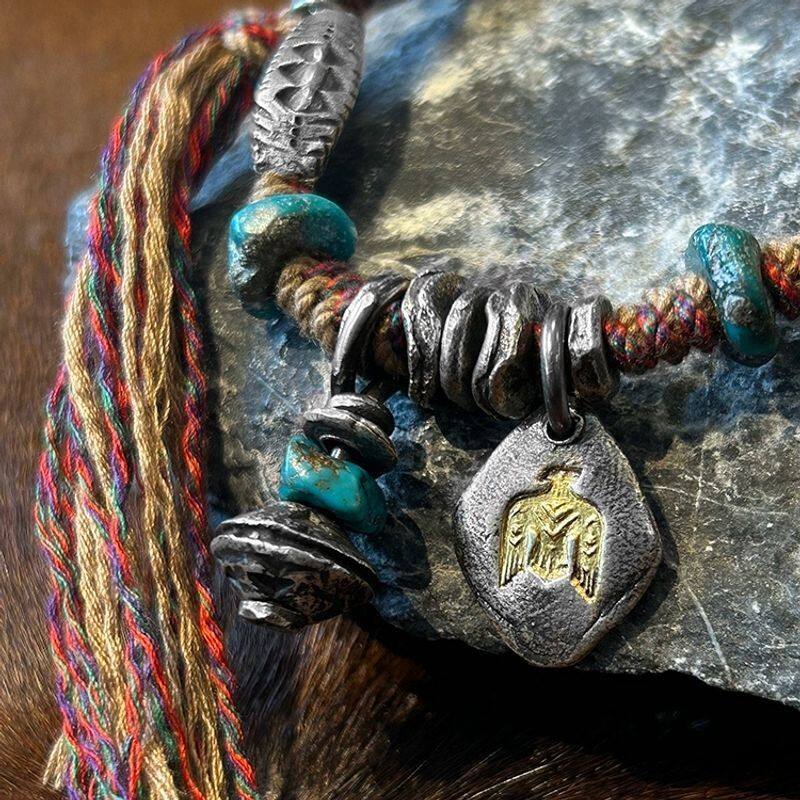 Wild Nomad Turquoise Stone Cotton Cord Boho Tibetan Necklace