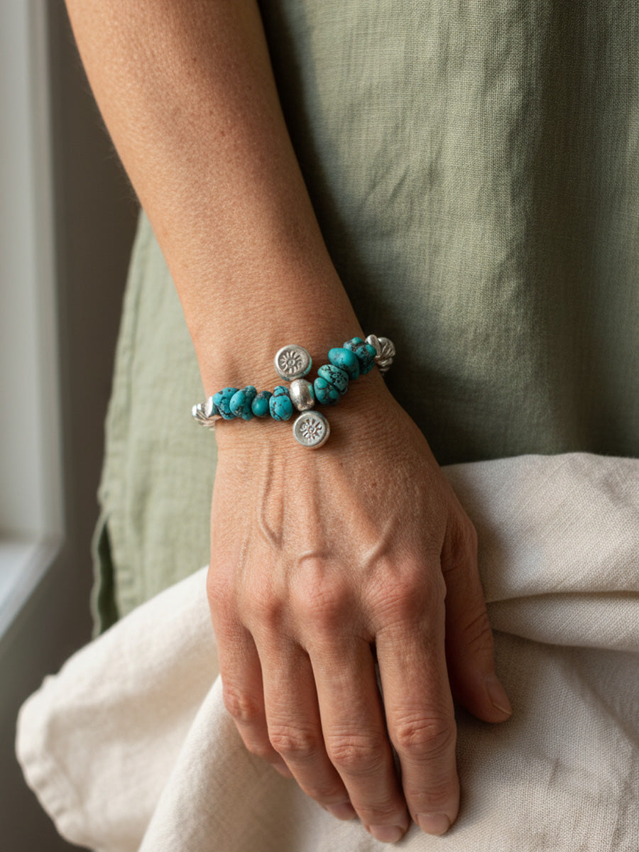 Sacred Symbols Turquoise &  Silver Charm Bracelet Raw Stone