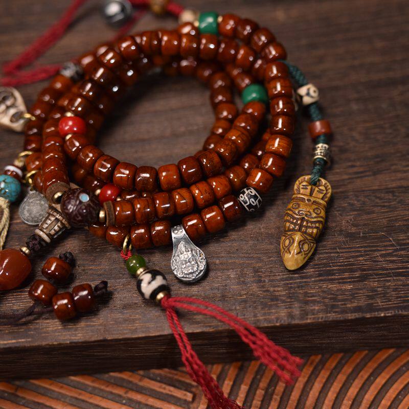 Guardian Spirit 108 Yak Bone Dzi Turquoise Tibetan Mala Necklace