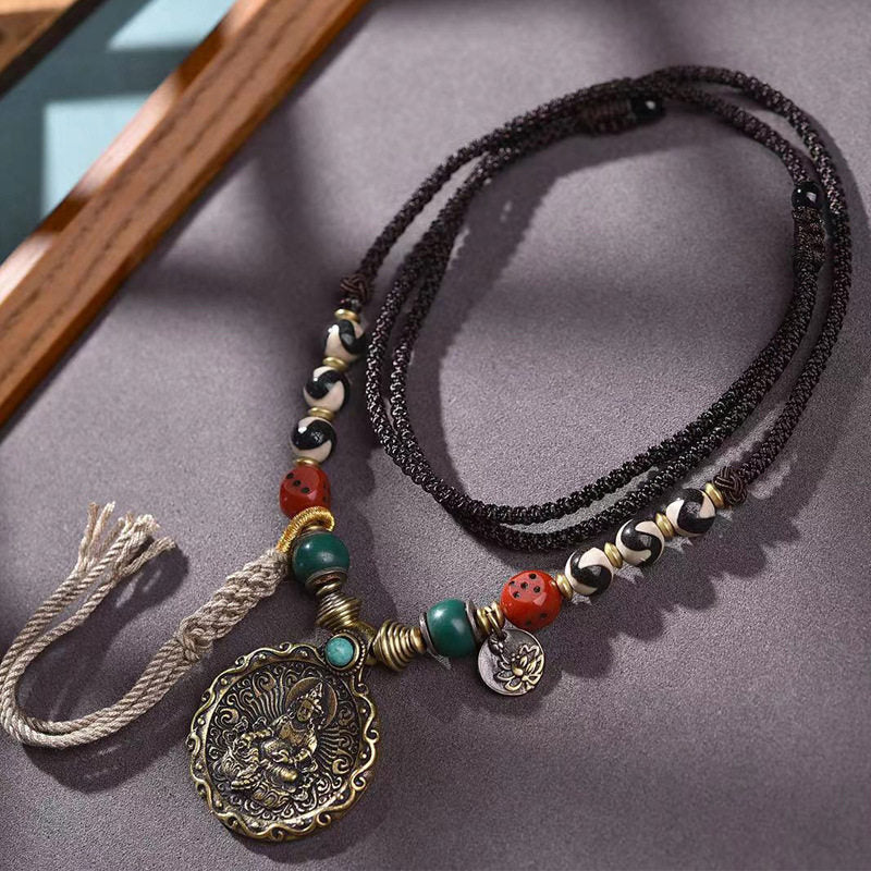 Divine Bodhisattva Thokcha Silver Lotus Tibetan Cotton Necklace