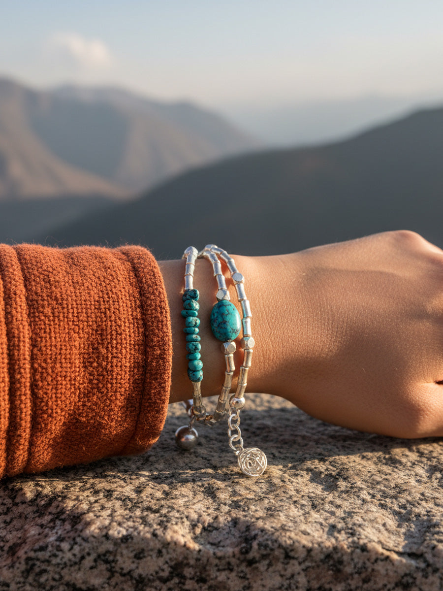 Raw Earth Turquoise and Silver Double Layer Bracelet