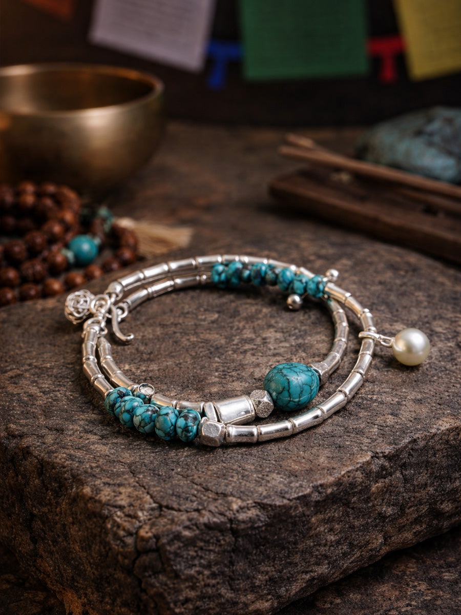 Raw Earth Turquoise and Silver Double Layer Bracelet