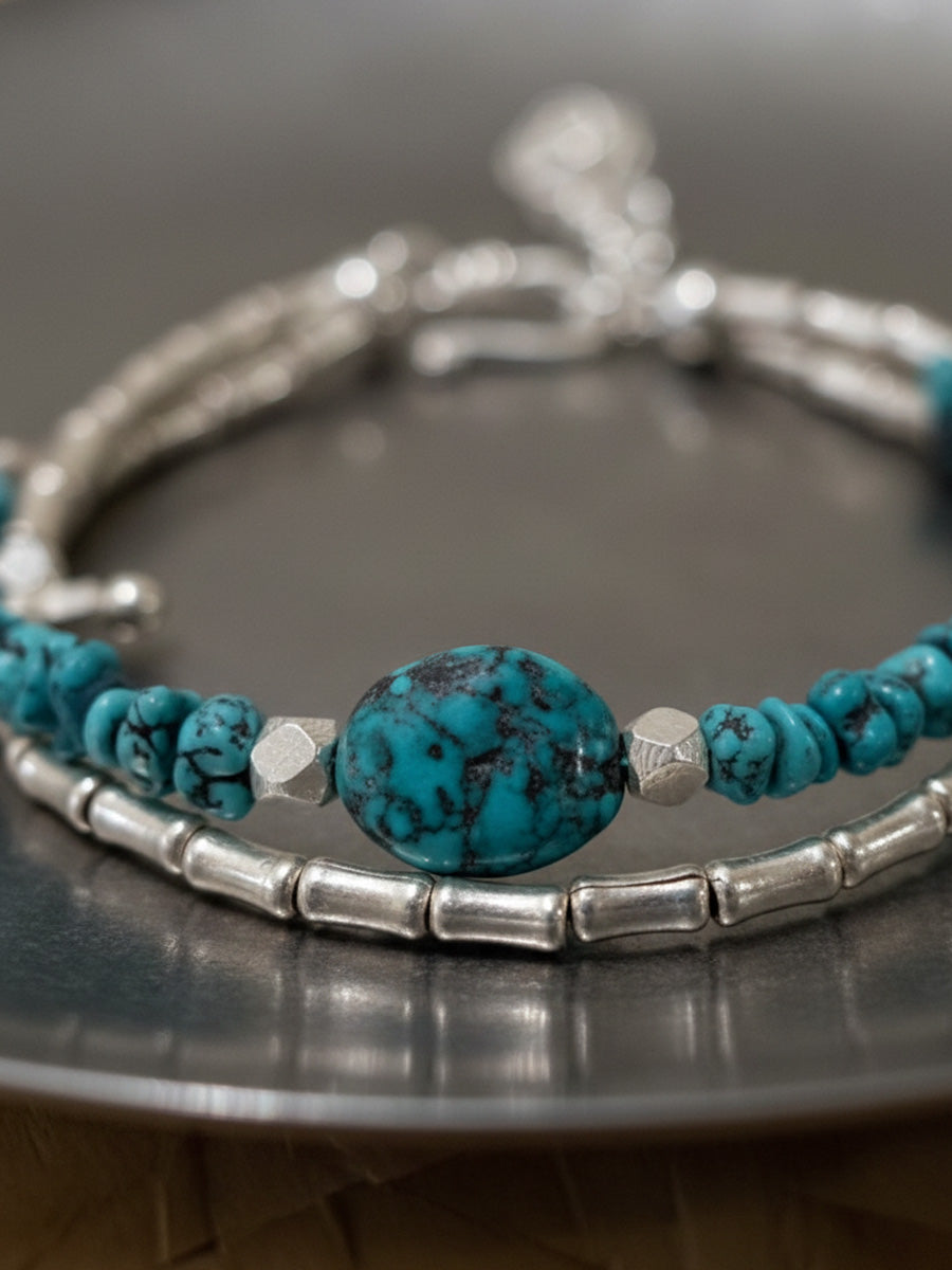 Raw Earth Turquoise and Silver Double Layer Bracelet