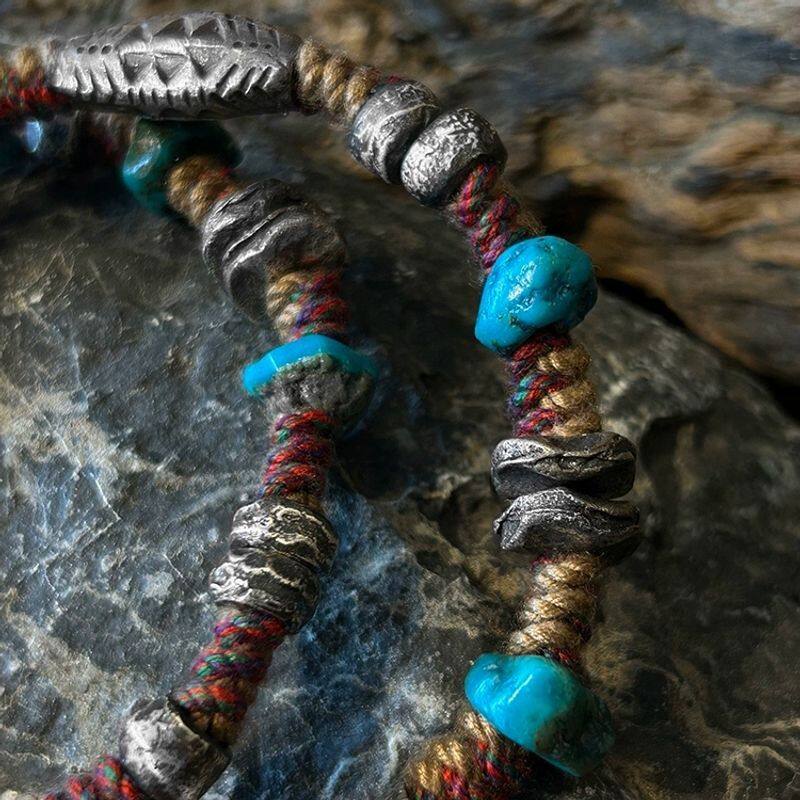 Wild Nomad Turquoise Stone Cotton Cord Boho Tibetan Necklace