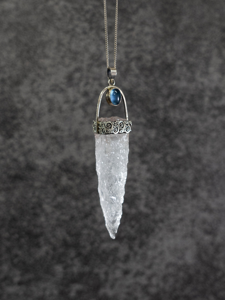 Arch Setting Raw Clear Quartz Aquamarine Sterling Silver Pendant
