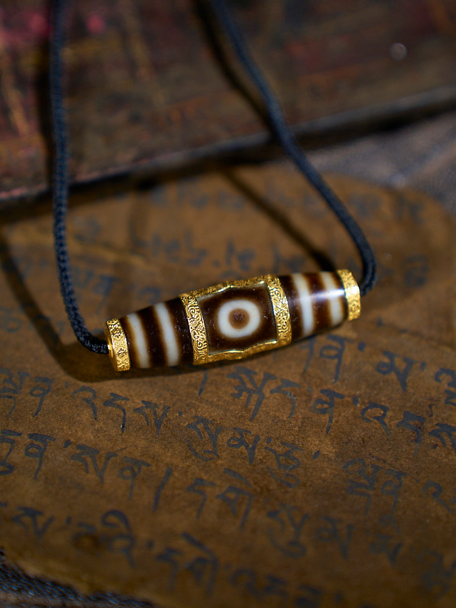 Heavenly Harmony Shangkan Heaven-Earth Agate 18K Gold Dzi Necklace