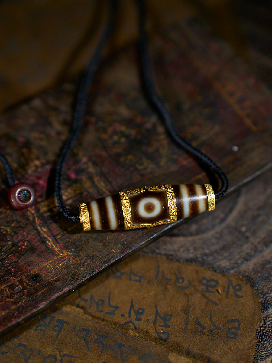Heavenly Harmony Shangkan Heaven-Earth Agate 18K Gold Dzi Necklace