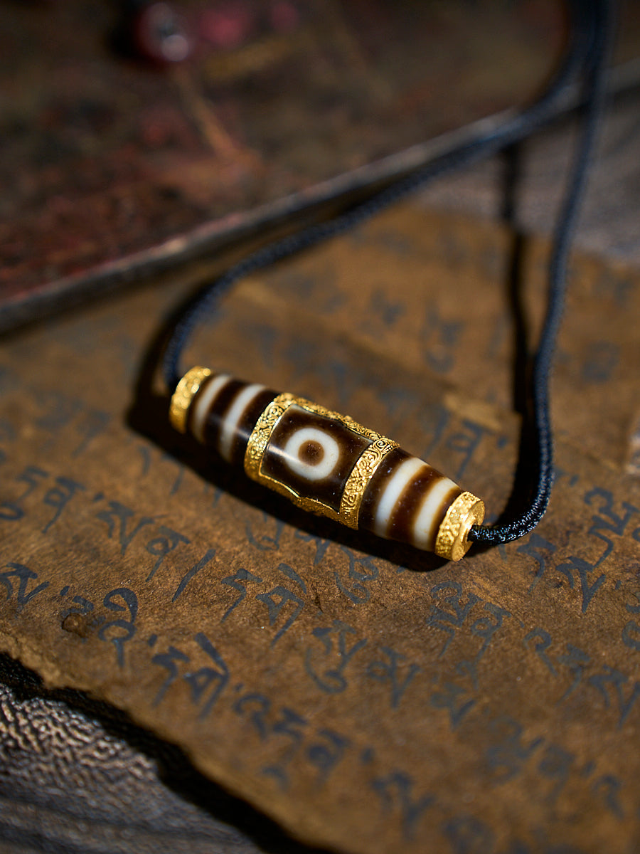 Heavenly Harmony Shangkan Heaven-Earth Agate 18K Gold Dzi Necklace