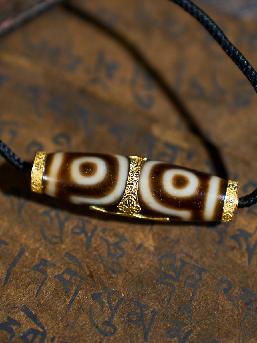 Heavenly Harmony Shangkan Heaven-Earth Agate 18K Gold Dzi Necklace