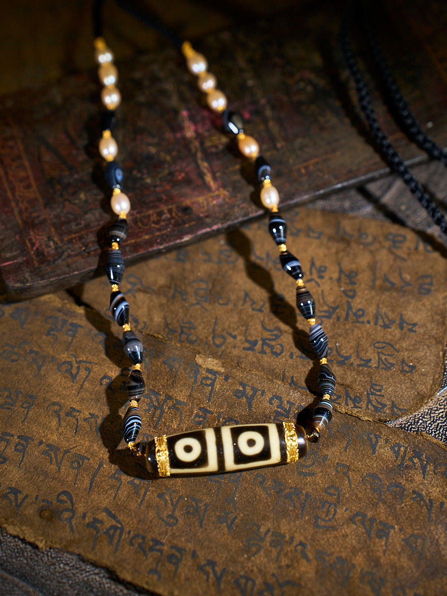 Harmonious Wisdom Four-Eyed Agate 18K Gold & Silk Pearl Dzi Necklace