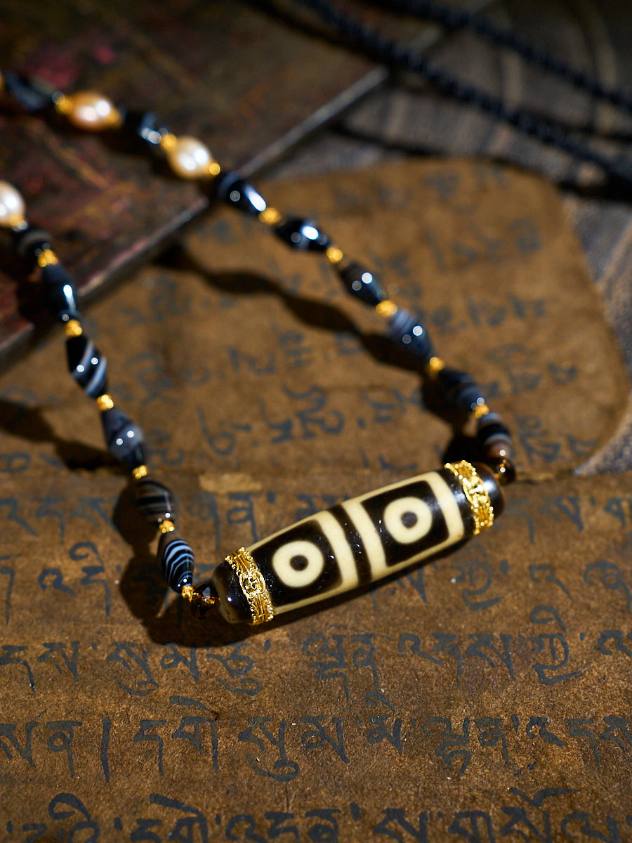 Harmonious Wisdom Four-Eyed Agate 18K Gold & Silk Pearl Dzi Necklace
