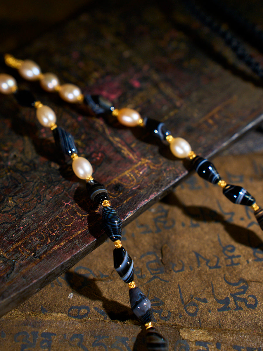 Harmonious Wisdom Four-Eyed Agate 18K Gold & Silk Pearl Dzi Necklace
