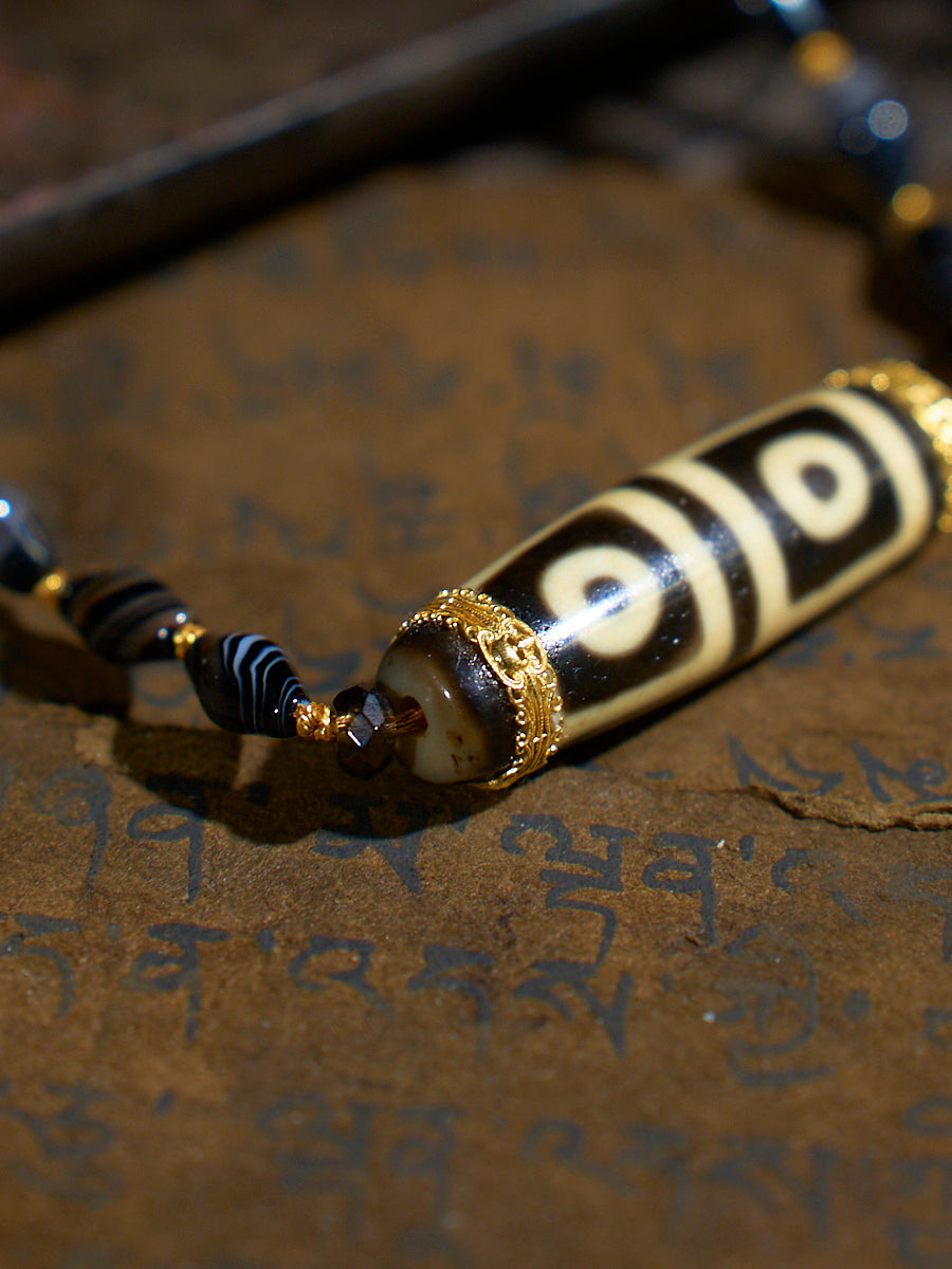 Harmonious Wisdom Four-Eyed Agate 18K Gold & Silk Pearl Dzi Necklace
