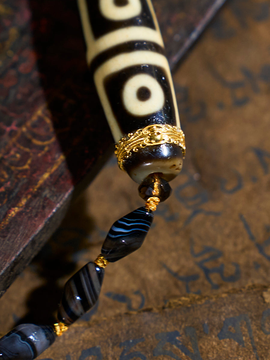 Harmonious Wisdom Four-Eyed Agate 18K Gold & Silk Pearl Dzi Necklace
