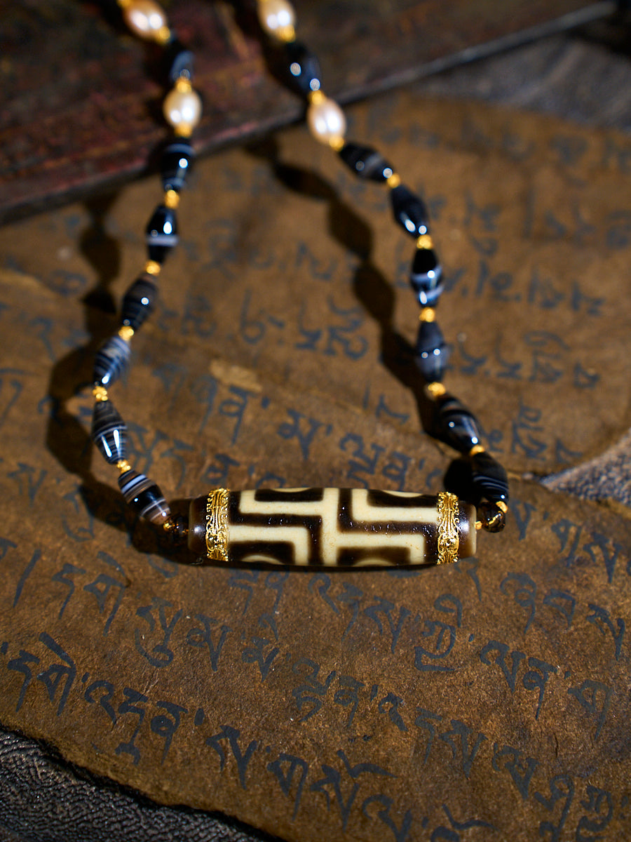 Harmonious Wisdom Four-Eyed Agate 18K Gold & Silk Pearl Dzi Necklace