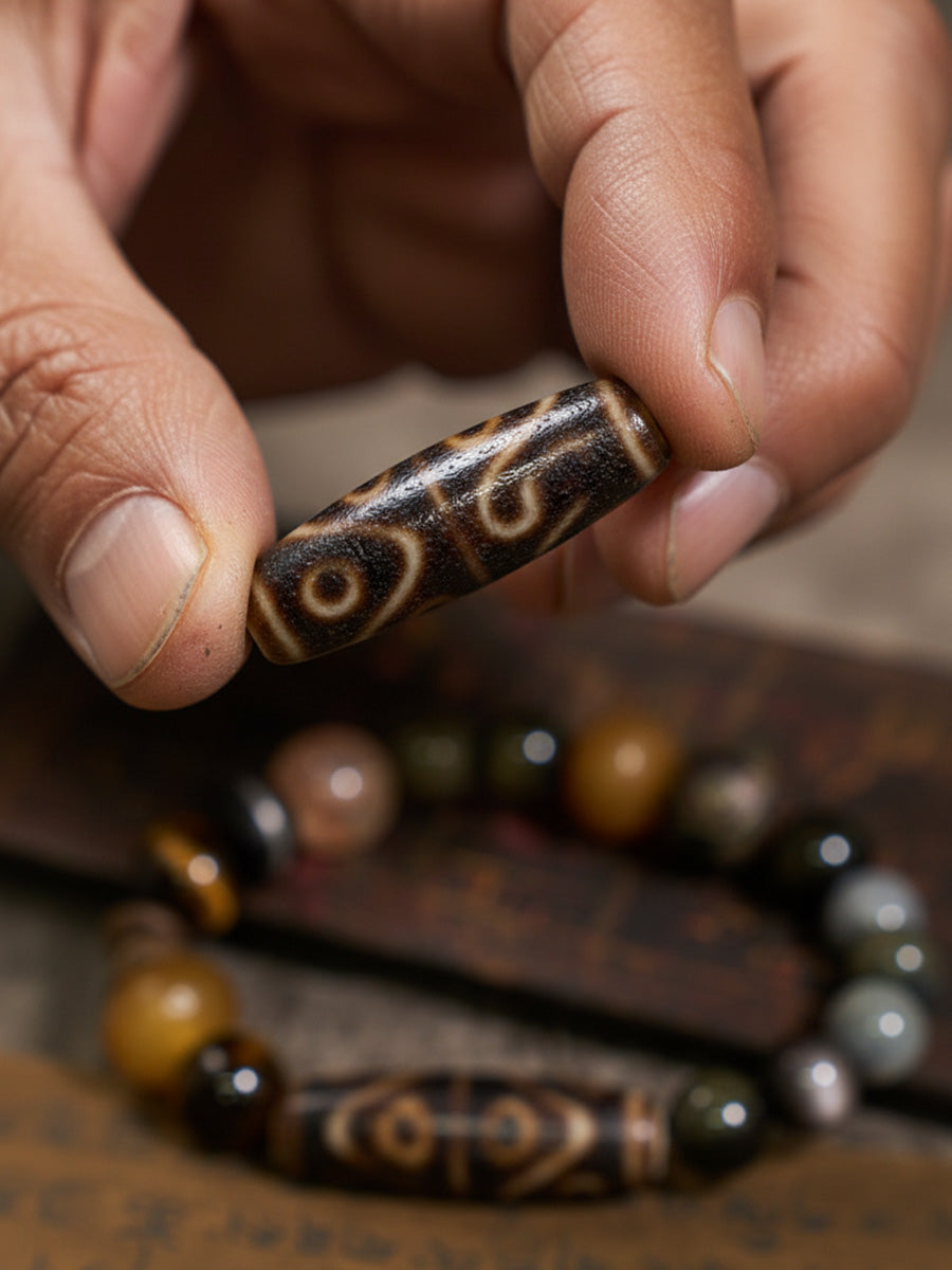 Six-Eye Dzi Ebony Multi-Stone Ancient Bead Bracelet