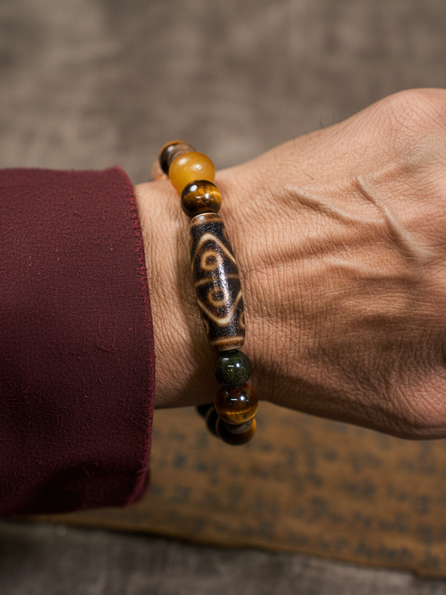 Six-Eye Dzi Ebony Multi-Stone Ancient Bead Bracelet