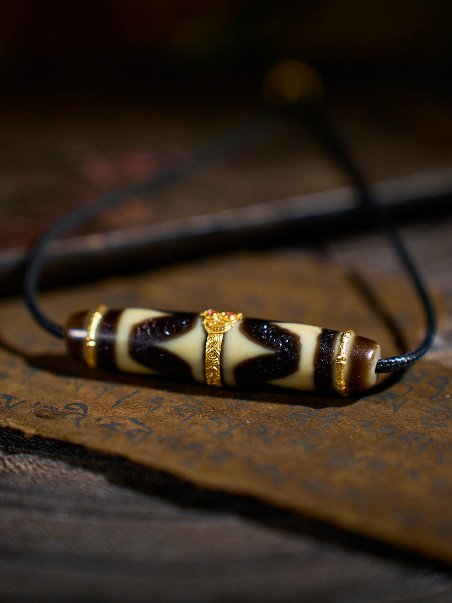 Fearless Strength Double Tiger-Tooth Agate 18K Gold Dzi Necklace