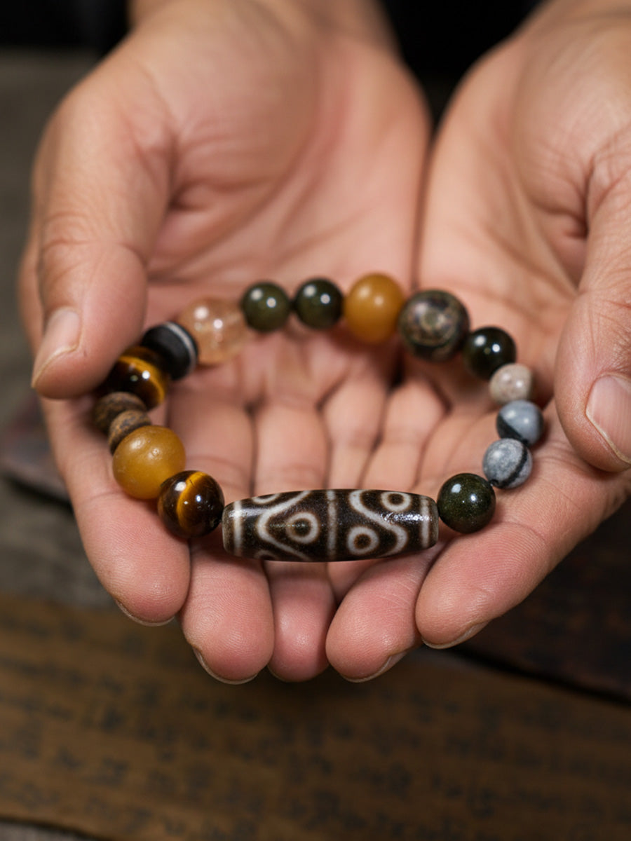 Six-Eye Dzi Ebony Multi-Stone Ancient Bead Bracelet
