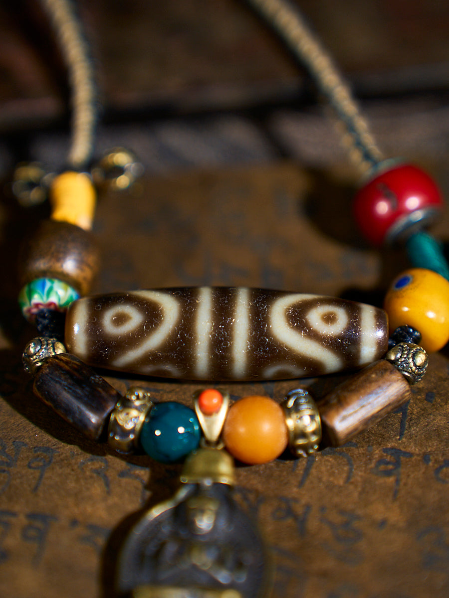 Flowing Fortune Water-Pattern Eight-Eyed Agate Dzi Necklace